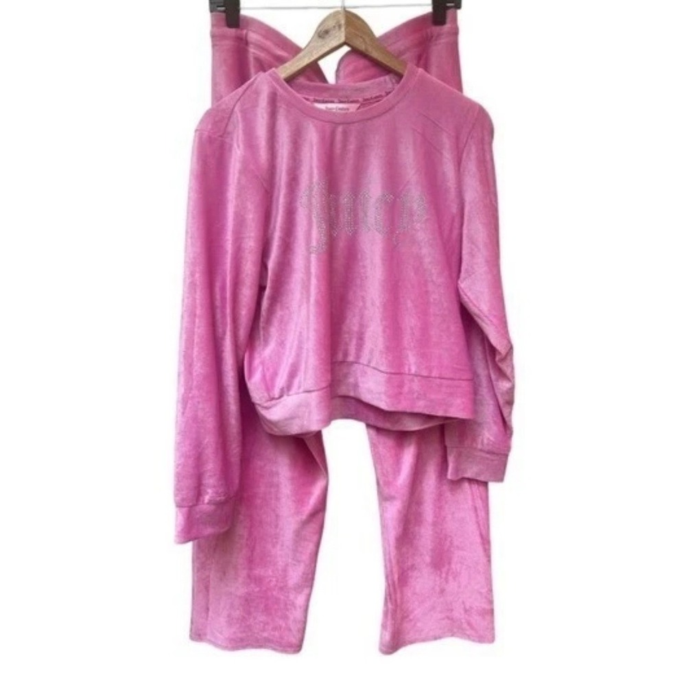 Juicy Couture Pink Velour Tracksuit Set Rhinestone‎ Logo Sweatshirt Pants Women - Picture 7 of 7